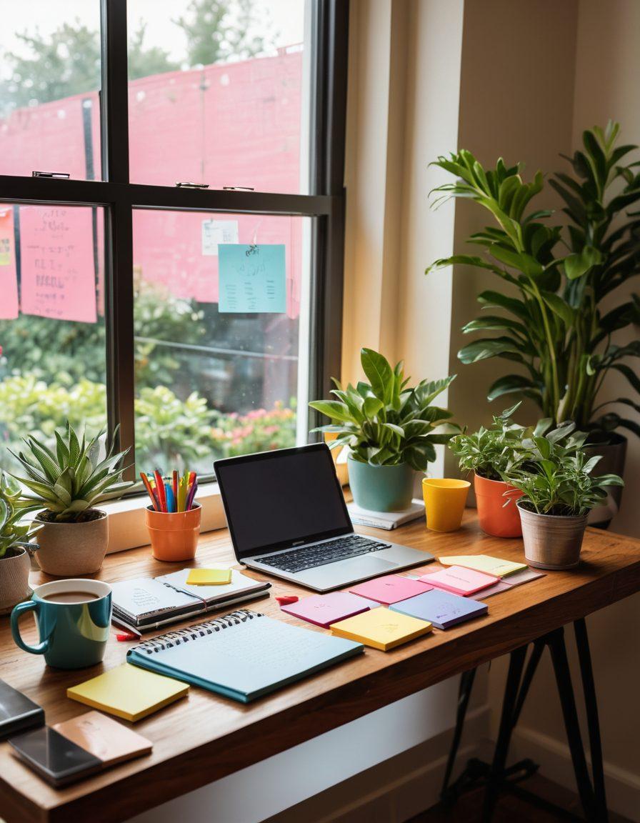 A colorful, visually appealing workspace featuring an affection binder open on a wooden desk alongside a sleek electronic planner. Surrounding the binders, scattered motivational quotes and colorful sticky notes create a lively atmosphere. Soft natural light streams in through a window, adding warmth to the scene. Potted plants and a steaming cup of coffee add a cozy touch. modern illustration. vibrant colors. warm lighting.