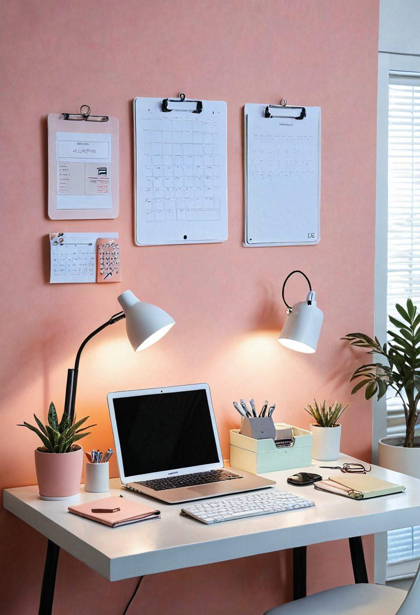 A sleek, modern workspace featuring an intelligent binder with digital screens displaying organized tabs. Surrounding elements include smart organization tools, like a digital planner and a stylish desk lamp, all set against a calming backdrop of soft pastels. The scene embodies harmony between technology and creativity, emphasizing efficiency and love for organization. super-realistic. pastel colors. modern design.