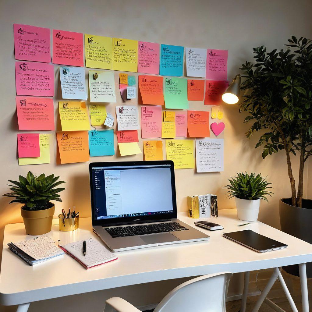 A visually appealing desk setup featuring a variety of smart study aids like digital planners, colorful sticky notes, and a sleek laptop, surrounded by a warm and inviting atmosphere. In the background, soft lighting creates a cozy ambiance while motivational quotes are artfully displayed on the walls. Illustrate a heart symbol subtly integrated into the study scene, symbolizing love management in learning. vibrant colors. modern design.